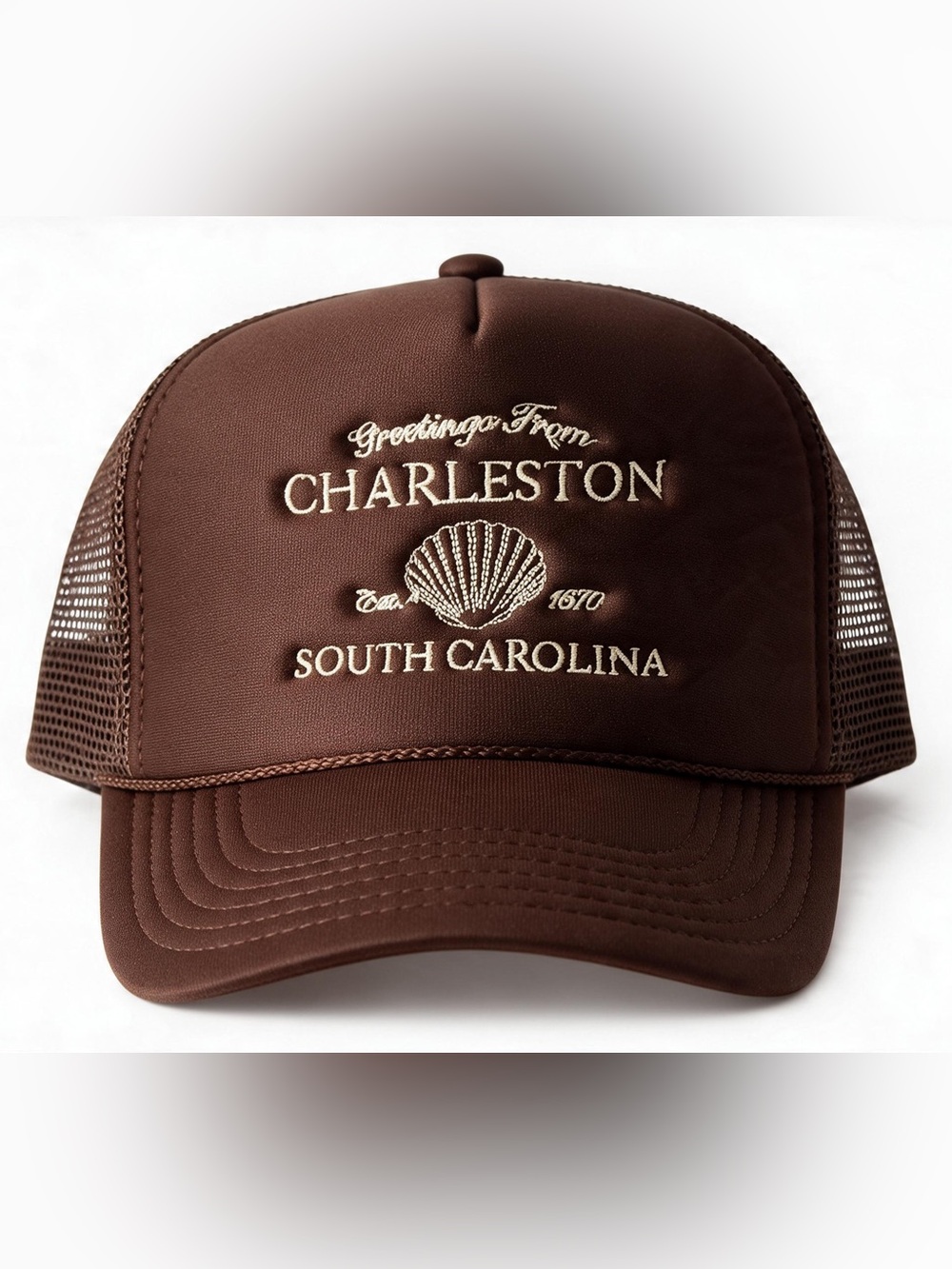 Greetings from Charleston SC OTTO Brown Trucker Hat Embroidered Unisex NWOT